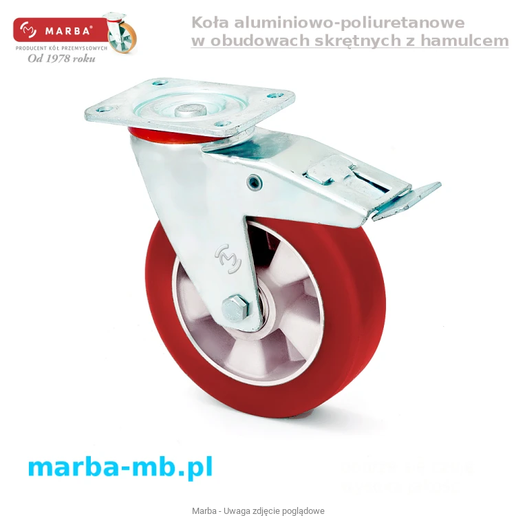 Koła aluminiowo-poliuretanowe w obudowach skrętnych z hamulcem do dużych obciążeń.png