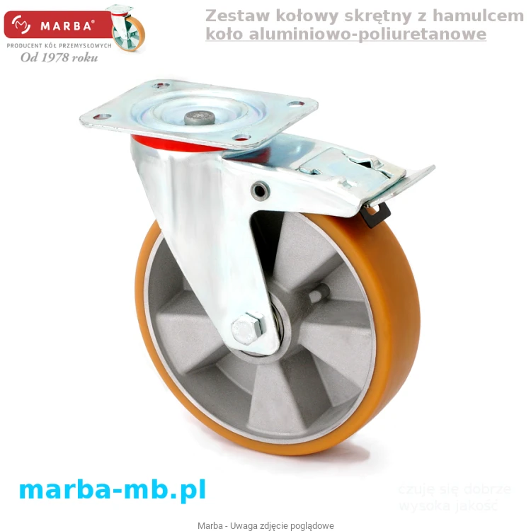 Koła aluminiowo-poliuretanowe w obudowie skrętnej do dużych obciążeń z hamulcem.png